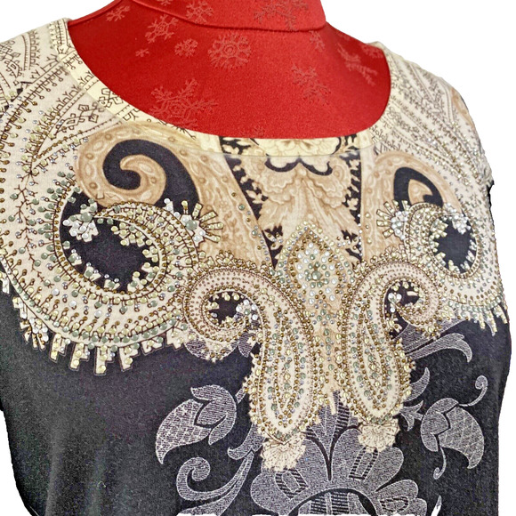 Chico’s Sz 1 (M-8) Casual Tunic Top Black Beige Rhinestone Embellished Neckline - Picture 3 of 7